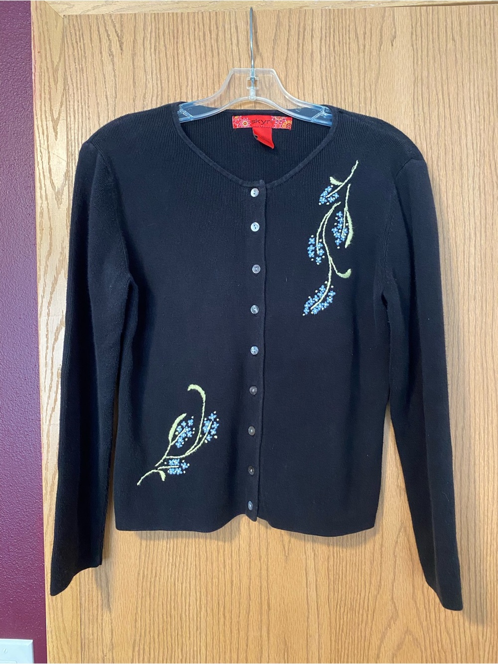 Black Embroidered Button-Front Cardigan with Blue Floral Motif